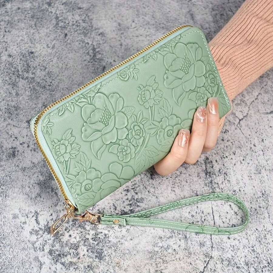 Floral Embossed Faux Leather Wallet For Women - Large Capacity Zippered Clutch With Card Slots And Phone Pocket, Wrist Strap Clutch Coin Purse - For Women - Suitable For Everyday Use, Shopping, Dating - Perfect Gift For Her - 綠色 - 查看 1