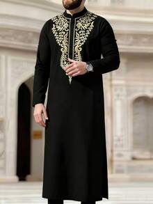 Muslim Men's Thobes Long-Sleeved Stand-Up Collar Embroidered Loose Saudi Arabian Men's Traditional Clothing Suitable For Daily Outings Festival Parties Ramadan Gifts Islamic Men's Clothing - Black - View 15