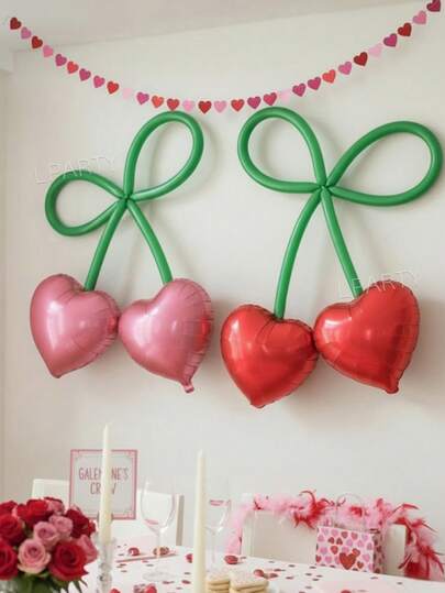 5pcs/Set Cherry Shaped Balloons, Suitable For Bachelorette Party Decoration, 18-Inch Pink & Red Foil Heart Balloons, Green Latex Balloons, Suitable For Valentine's Day Balloon Arch, Singles Party, Bachelorette Party, Birthday Party, Cherry Fruit Theme Party Decor