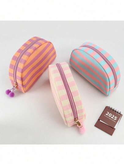 Borsa cosmetica in tela a righe a conchiglia, borsa portatile per cosmetici, borsa da viaggio con scomparti per articoli da toeletta
