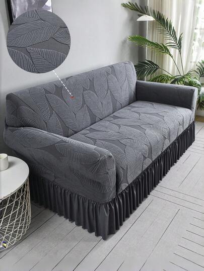 1 pieza Funda decorativa para sofá de tela de felpa antideslizante y elástica, funda de sofá de jacquard para otoño/invierno con patrón de hojas grises en relieve, apta para sofás de 1/2/3/4 plazas, para todo el año