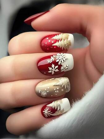 24片装全新圣诞限量版可拆卸假指甲，红白配色，散发节日气氛。点缀圣诞树、烟花等经典元素，轻松营造圣诞氛围