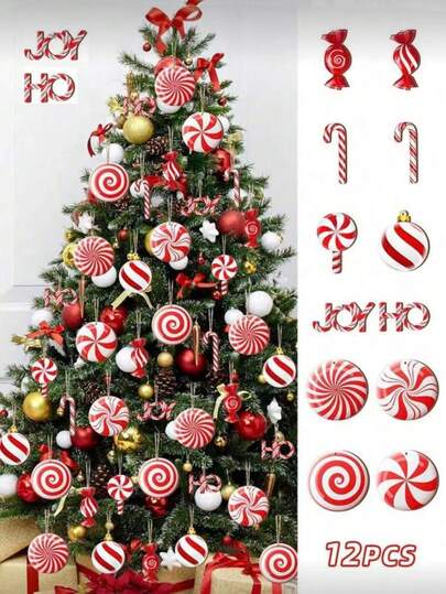 12/24pcs Christmas Candy Hanging Ornaments Red White Candy Tree Ornaments Christmas New Year Party Home Decoration.Cute Candy Picking A Flower To Decorate Home Office Christmas Party Vase Decoration.