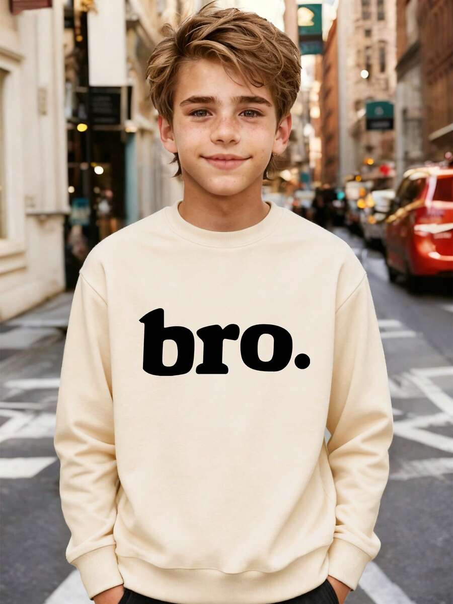 Teens/Boys' Casual Minimalist Letter Print Crew Neck Sweatshirt, Suitable For School, Gatherings And Travel - Apricot - View 1