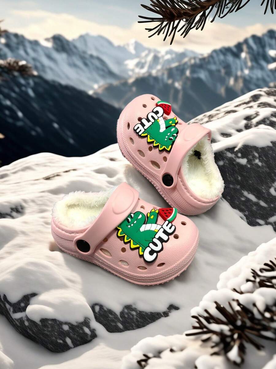 新款冬季儿童可爱恐龙潮流休闲家居室内外可穿拖鞋 - 粉色 - 查看 1