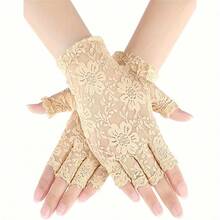 Beyond 1 Pair Of Ladies' Fingerless Lace Gloves, Wedding Short Floral Fingerless Gloves Suitable For Wedding Banquets And Tea Parties - Rượu sâm banh - Xem 3