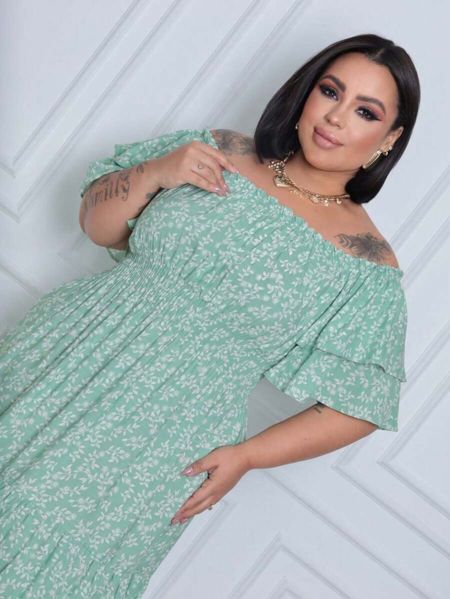 Women's  Midi Dress With Floral Print And Short Sleeves - 綠色印刷 - 查看 1