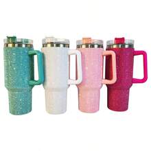 1pcs  40 Oz Tumbler With Handle And Straw Lid, Studded Bling Diamond Tumbler, Stainless Steel Insulated Water Cup, Double Wall Travel Mug Fix For Car Cup Holder For Women - 綠色 - 查看 2