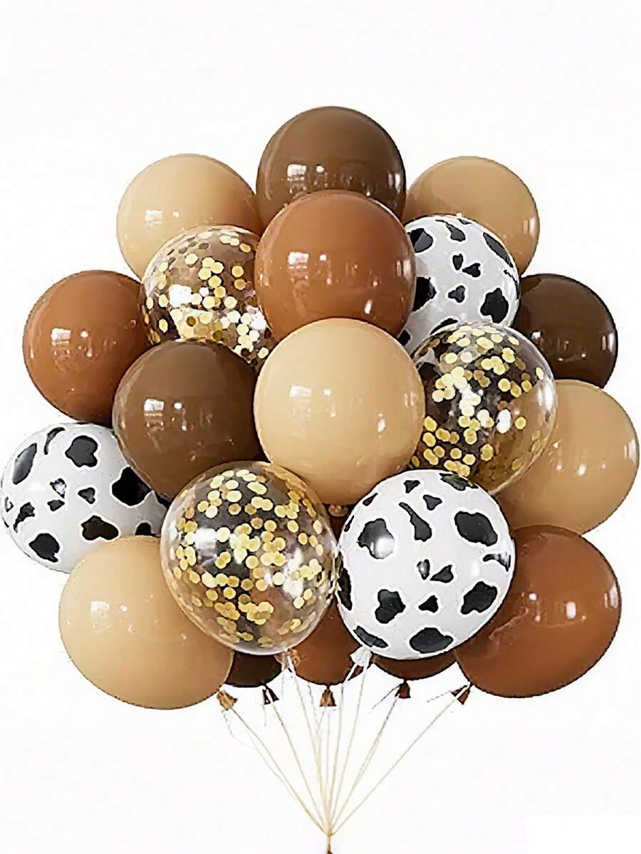 30/60个棕色奶牛纹气球 - 60个西部主题派对气球，12英寸咖啡棕色米色乳胶气球，带彩纸屑，适合奶牛主题生日派对、婴儿派对、西部主题派对、农场牛仔装饰 - 彩色 - 查看 1