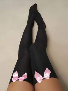 1双加大码女士蝴蝶结装饰过膝袜，适合约会、派对、搭配服装，提升腿部美感