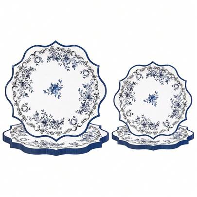 10 件/20 件/50 件优雅蓝色花卉纸盘蓝白花朵扇形纸盘 7 英寸扇形复古风格甜点蛋糕盘 9 英寸食物餐盘适用于婚礼茶会婴儿送礼会生日节日新娘送礼会装饰用品