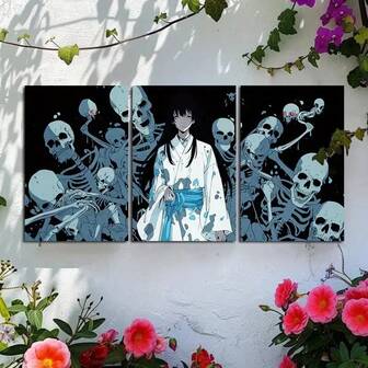 3pcs Japanese Anime Girl And Skull Wall Painting Art Canvas Printed Matter, Aesthetic Room Decoration Poster, Modern Style Suitable For Christmas And Halloween, 2D Flat, Festival Decoration, Seasonal Decoration, Modern Design, Country Style Decoration