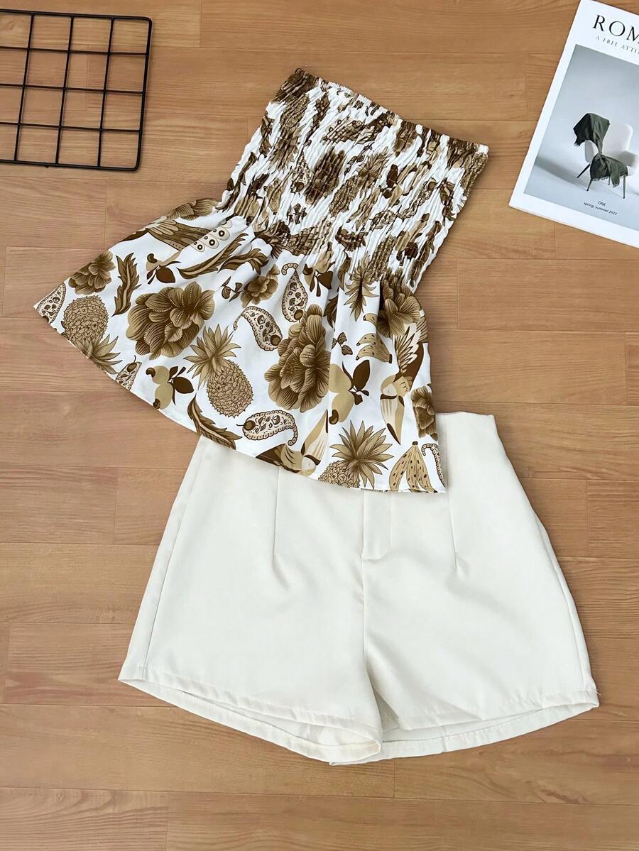Women's Two Piece Set, Strapless Printed Top And Plain Shorts, Casual Summer Outfit - 駝色 - 查看 1