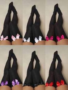 1双加大码女士蝴蝶结装饰过膝袜，适合约会、派对、搭配服装，提升腿部美感