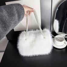 1pc Fluffy One Shoulder Handbag, Crossbody Bag For Women, High-End Pearl Chain Furry Bag, Versatile For Travel, Vacation, Daily Shopping, Great Gift For Mom