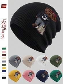 1pc Cartoon Red Hat Teddy Bear Print Fashionable Knitted Beanie Hat, Korean Style Versatile Knit Cap, Soft & Warm Casual Ski Hat, Unisex Autumn/Winter Accessory, Suitable For Skiing, Cycling, Running, Skateboarding, Fitness, Great Gift For Family And Friends On Birthday, Halloween, Christmas - A - View 12