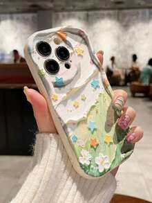 Cream Wavy Edge Glossy Cream Star Painted Anti-Drop Phone Case Compatible With IPhone, Galaxy, Redmi