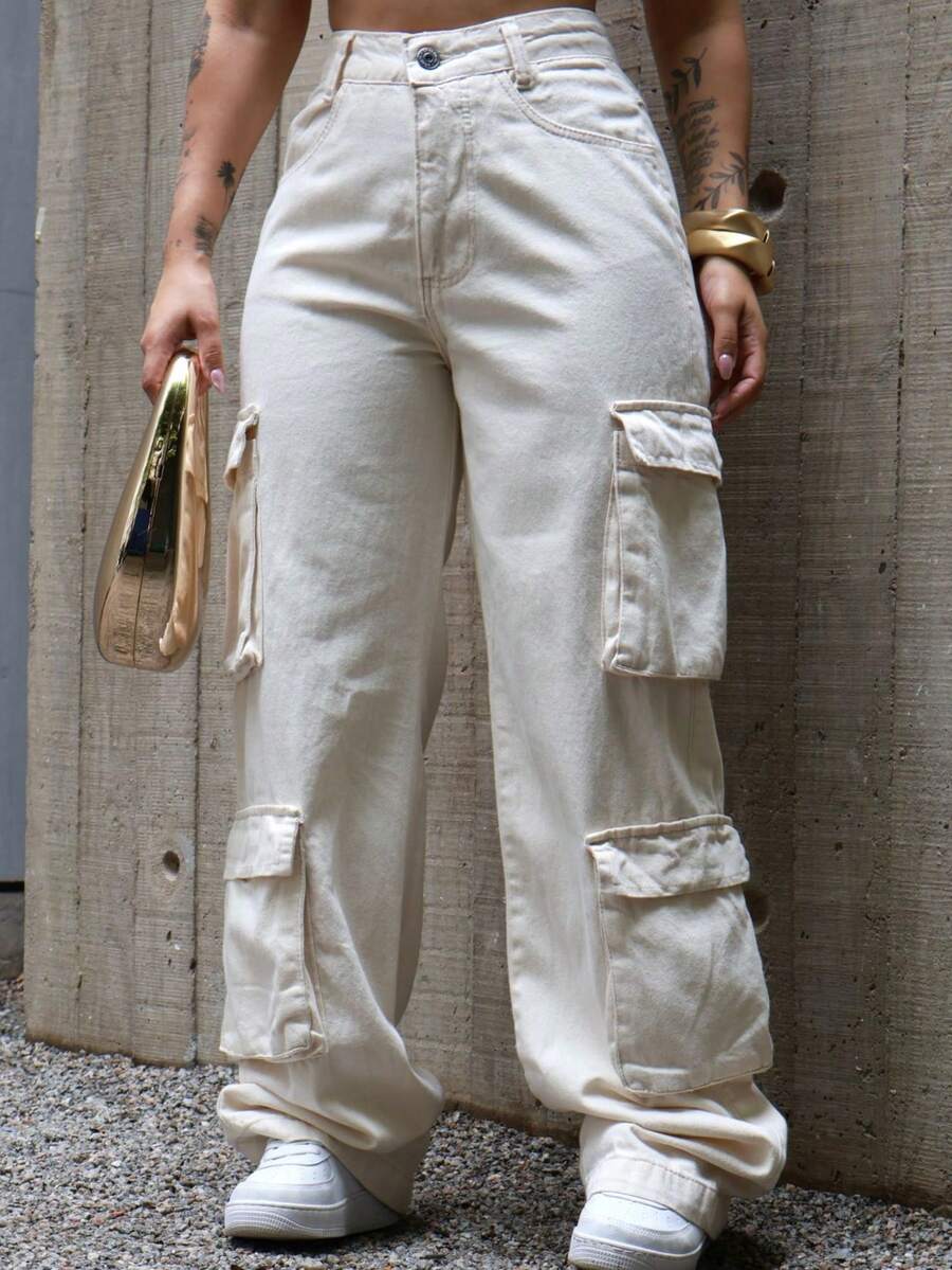 Women's Cargo Jeans With Side Pockets 4-Pocket Pants - 香檳色 - 查看 1