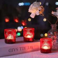 Red Votive Candle Holders Set Of 12 For Boho Wedding & Christmas & Valentines Day, Ginkgo Leaves Design Tealight Holder, Glass Tea Lights Holder - As Pic - View 4