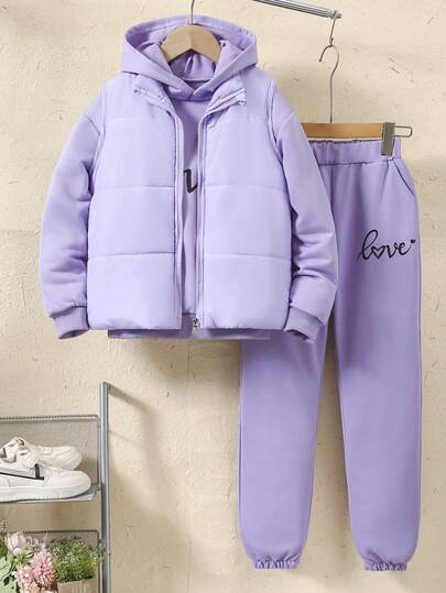 3 Pcs Set: Girls' Casual Outdoor Hoodie Sweatshirt, Quilted Vest, & Printed Pants
