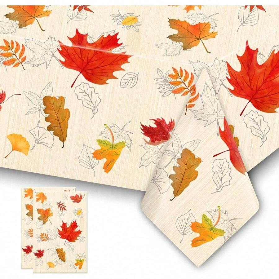 Fall Thanksgiving Tablecloth, 3 Pack Disposable Plastic Thanksgiving Tablecloths, Maple Leaf Rectangle Table Cover Autumn Harvest Fall Thanksgivings Party Favors Supplies Decorations 54x 108 Inch - Fall Orange_2pcs - View 1
