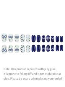 24 piezas. Pegatinas de uñas con relieve ovalado. Estilo dulce. Lunares azules con lazo. Adecuado para todas las estaciones (primavera, verano, otoño, invierno). Decoración de uñas ligera, producto de cuidado de uñas DIY. Adecuado para uso diario de niñas/mujeres. Adecuado para ocasiones como citas, vida diaria, fiestas, vuelta al colegio, etc. + 1 pegamento de gel + 1 lima de uñas para decorar las uñas y hacer arte de uñas DIY!