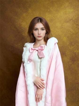 1 件女士厚红色连帽斗篷，舞台表演婚纱外套，长款连帽披肩，带白色毛皮