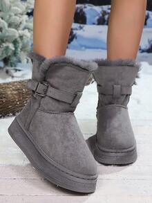 Women's Warm Turnover Cuff Thickened Mid-Calf Snow Boots, Retro Buckle Thick Sole Dual-Wear Snow Boots, Thick Shaft Snow Boots