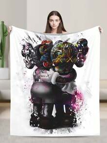 1pc Kawss Kawaii Kaw Anime Glam Style Flannel Blanket Super Soft Warm Bed Blanket Sofa Bedding Bedroom Sofa Office Car Four Seasons Cozy Shaggy Blanket Girls Boys Adult Gift - màu đen - Xem 2