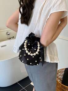 女士珍珠镶嵌丝绸小手提包、新款时尚晚装包、派对手拿包、珍珠链单肩水桶包、优雅百搭手机袋和零钱包 - 黑色 - 查看 5