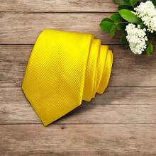 Solid Color Striped Men's Tie With Quality Texture, A Must-Have For Weddings, Business And Formal Occasions - Amarillo - Ver 4