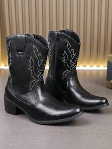 Botas vaqueras de media pantorrilla estilo retro americano occidental para hombres, botas de montar con tacón cuadrado estilizado y bordados