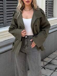 Abrigo de trinchera para mujer con solapas grandes, unicolor, bolsillos, doble botonadura, cinturón en la cintura, chaqueta de estilo universitario - Verde - Ver 3