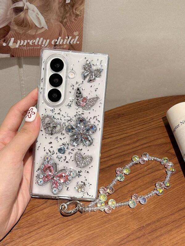 1 pieza Estuche de teléfono compatible con Samsung Galaxy Z Fold 7, Z Fold 6, Z Fold 5, Z Fold 4, Z, Z Flip 6, Z FE, Z Flip 5 con mariposa de corazón de resina epoxi hecha a mano 3D, estrella de cristal rosa 3D, mariposa de corazón de diamante negro 3D, lazo negro 3D, mariposa azul 3D con strass LOVE, lazo 3D