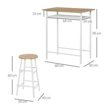 Conjunto de mesa de bar HOMCOM de 3 peças, mesa de jantar com 2 bancos de bar, mesa de jantar de cozinha e cadeiras, mesa alta e banco de bar com prateleira de armazenamento, tampo de MDF, aço branco + carvalho, 80 x 50 x 90 cm