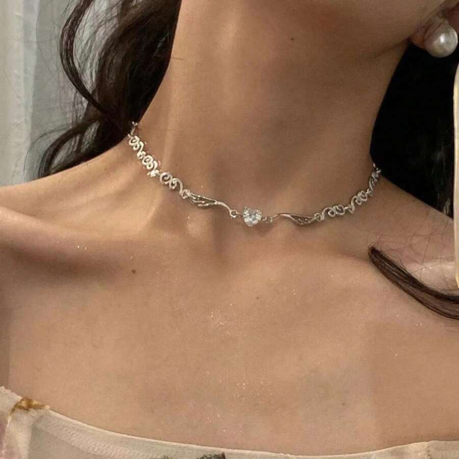 New Silver Color Irregualr Choker Necklace For Women Love Heart Crystal Clavicle Chain  Party Jewelry Gifts - 銀色 - 查看 1