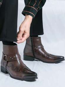 Botas de montar británicas retro para hombres, botas, botas casuales de cuero con cremallera y remaches de nicho para hombres hasta el tobillo