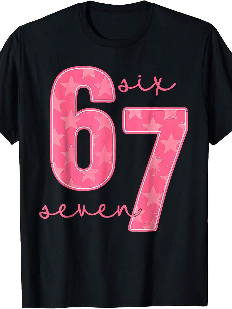 Women'S 67 Seven Graphic T-Shirt - Pink & Retro 60s/70s Inspired Short Sleeve Crew Neck Tee - Vintage 60s/70s Fashion Top For Casual Attire - All-Season Casual - 黑色 - 查看 1