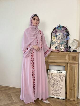 2pcs/Set Elegant Chiffon Feather Embroidery V-Neck Dress With Headscarf, Casual Abaya For Party, Ceremony, Vacation