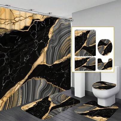 1/4 件套仿大理石浴室浴帘套装，72 英寸*72 英寸 - 大理石纹防水耐用浴室配件 - 包括马桶盖套、U 型马桶垫和防滑地垫，采用涤纶针织面料制成 - 可水洗，防霉 - 适合春季、家居/酒店/宿舍/户外露营/学校宿舍/西式/假日浴室装饰，返校必备，乔迁礼物，多种大理石纹可选[附赠 12 个挂钩]