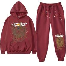 Spider Web 55555 Men's 2025 Graphic Letter Print Sweatshirt & Jogger Pants Set, Oversized Knit Sweater With Cuffed Hem, Casual Streetwear Tracksuit, Y2K Autumn Winter Loungewear - 酒紅色 - 查看 10
