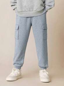 1 Stück Jungen/Teenager Einfarbige Lässige Outdoor Sport Kordelzug Multi-Taschen Fleece Cargohose