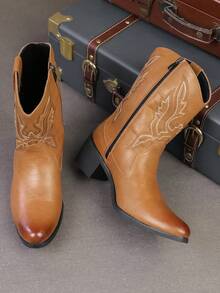 Botas vaqueras de media pantorrilla estilo retro americano occidental para hombres, botas de montar con tacón cuadrado estilizado y bordados