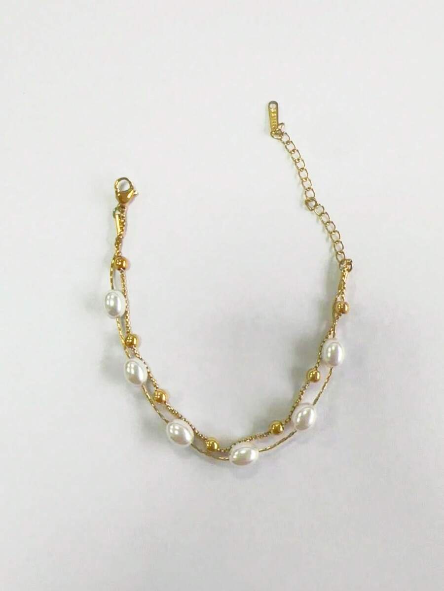 1 Peça Pulseira de Contas de Pérolas Falsas de Aço Inoxidável, Elegante e na Moda, Adequada para Uso Diário, Reuniões, Festivais e Festas