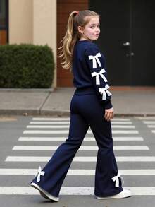 2 件套女童休闲运动衫和喇叭裤套装，蝴蝶结装饰长袖圆领上衣，优雅舒适，适合春秋季 - 藏蓝色 - 查看 2