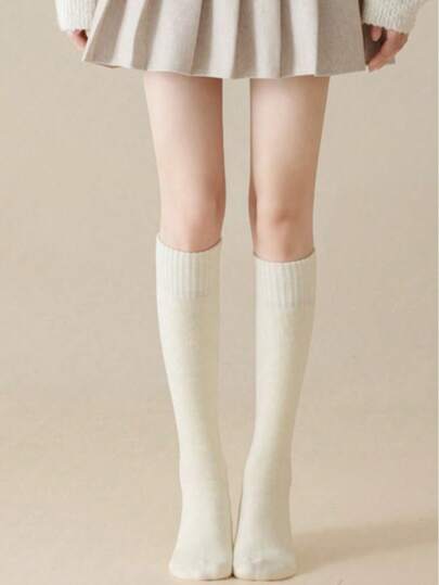 女士过膝长袜一双装，多种颜色可选，加厚保暖羊毛混纺，纯色设计，经典时尚，适合秋冬季节，Y2K风格，舒适袜子