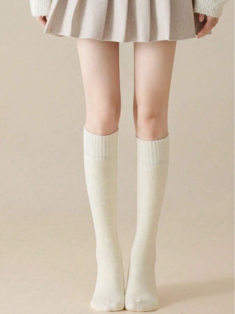 女士过膝长袜一双装，多种颜色可选，加厚保暖羊毛混纺，纯色设计，经典时尚，适合秋冬季节，Y2K风格，舒适袜子
