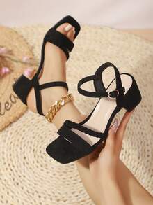 1 Pair Women's Fashionable Strap Chunky Heel Sandals, Solid Color Open Toe, Minimalist Chic, Suede Covered Heel, European And American Style - Woven Black - View 2