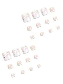 Elegant 24-Piece Pink French Press Toenail Set - Glossy Short Square Fake Nails With Black Edge Design For Women And Girls Press On Nails Nail Supplies Nails - Trắng 3 - Xem 4