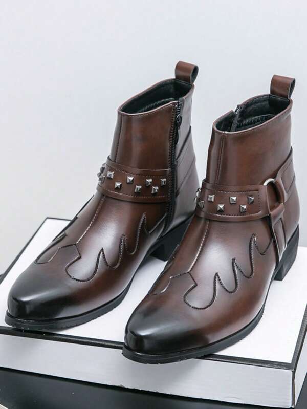 Botas de montar británicas retro para hombres, botas, botas casuales de cuero con cremallera y remaches de nicho para hombres hasta el tobillo